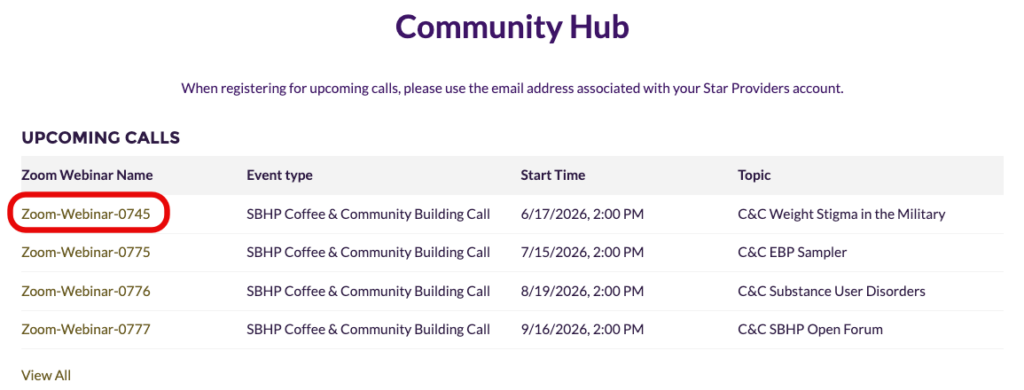 Community Hub page showing upcoming calls with a Zoom Webinar name highlighted for selection to register