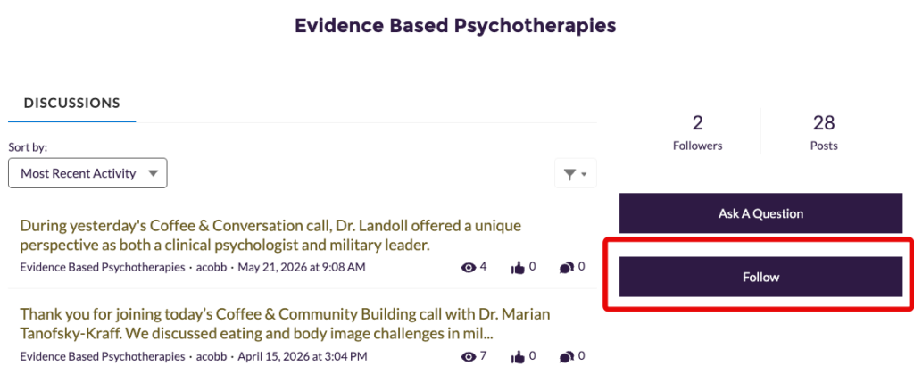 Evidence Based Psychotherapies discussion page showing the Follow button highlighted on the right side to subscribe to topic updates