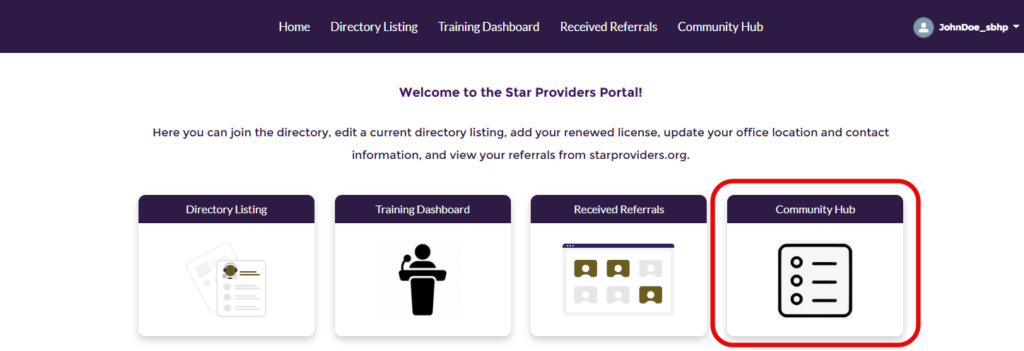 Portal welcome page with the Community Hub option highlighted for selection.