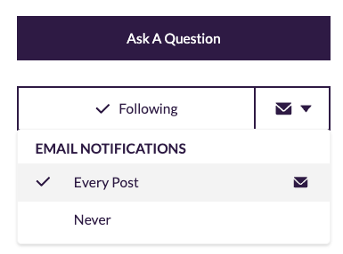 Following menu open with Email Notifications options, showing Every Post selected to receive email updates for new posts in the topic
