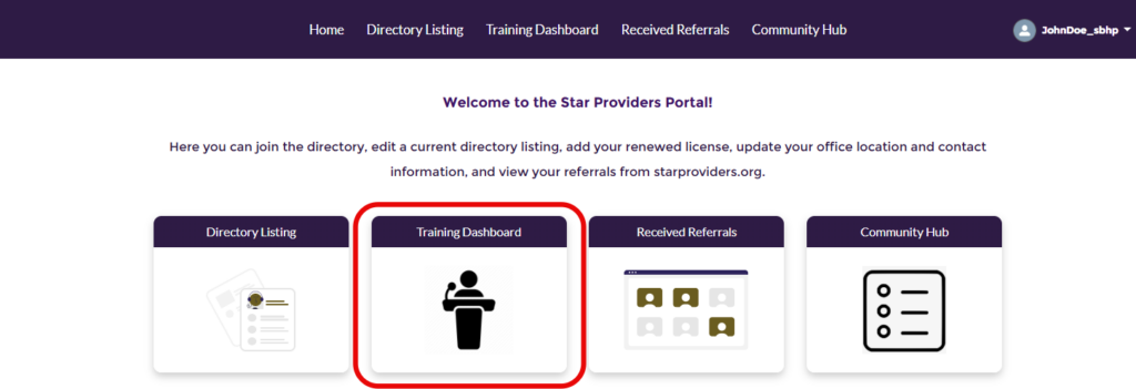 Portal welcome page with the Training Dashboard option highlighted for selection.