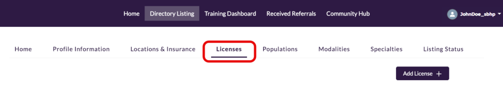 Licenses tab selected in primary page menu navigation