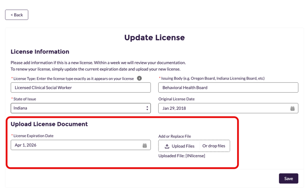 Update License screen showing fields to upload a license document, enter expiration date, and click Save