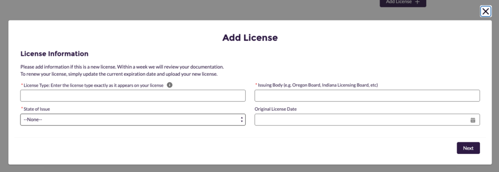 Add License screen showing fields to enter license type, issuing body, state of issue, and original license date with a Next button to continue