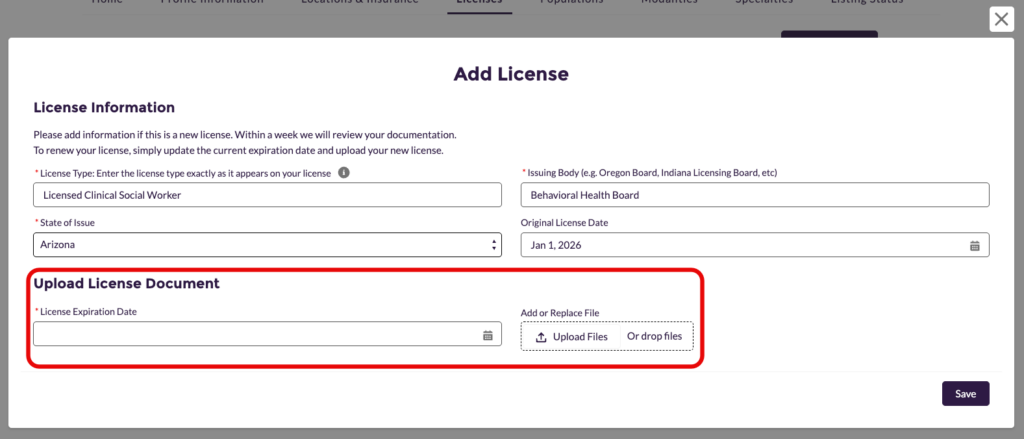 Update License screen showing fields to upload a license document, enter expiration date, and click Save