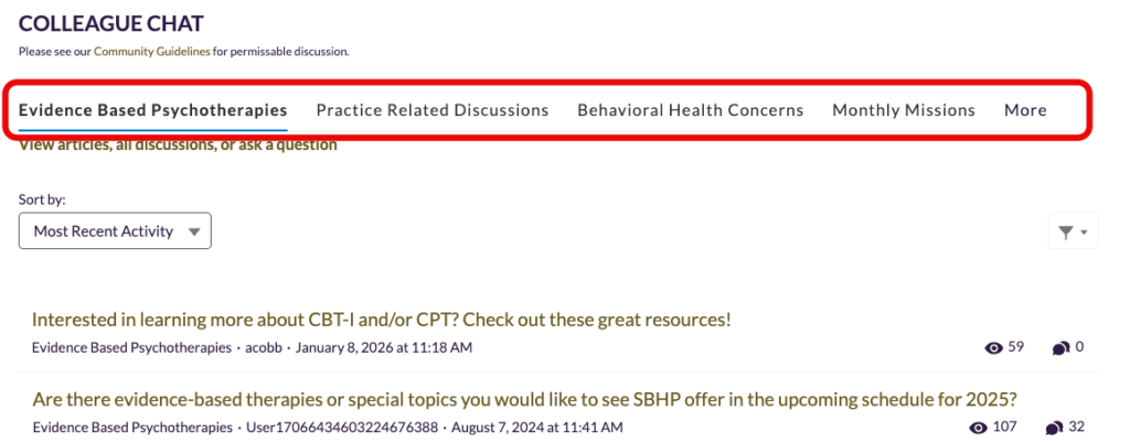 Colleague Chat section showing tabs for Evidence Based Psychotherapies, Practice Related Discussions, Behavioral Health Concerns, and More for accessing different discussion categories