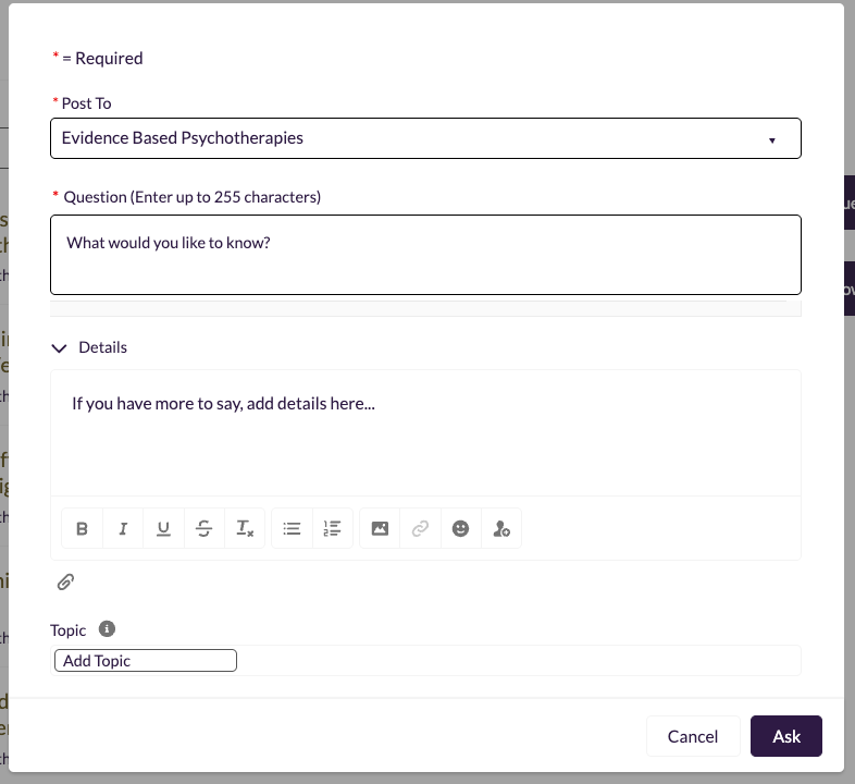 Ask a Question form showing fields to enter a question, expand Details for additional information, and click Ask to submit