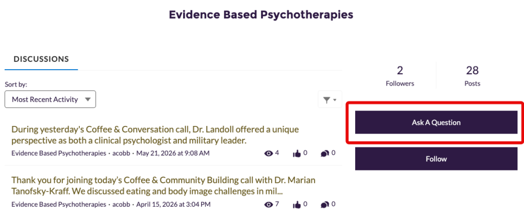 Evidence Based Psychotherapies discussion page showing the Ask A Question button highlighted on the right side to begin posting a question