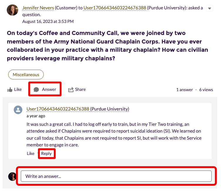Discussion post view showing options to click Answer or Write an answer to respond to the original post, and Reply links to respond to comments