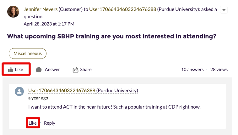 Discussion post view showing a post title and options to Like or comment.