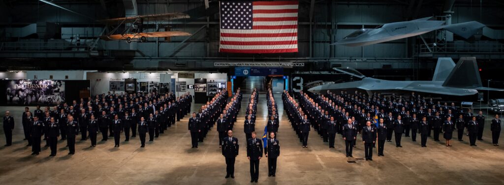 711th Human Performance Wing personnel pose for a group photo following a dress blues uniform inspection at the National Museum of the U.S. Air Force.
